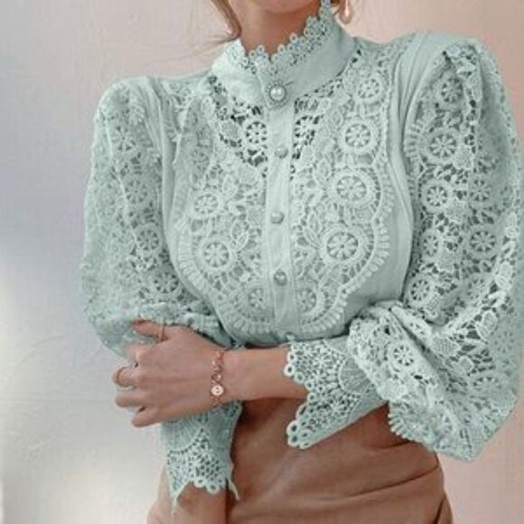 NEW Lace Trim Victorian Button Down Blouse - Picture 6 of 8